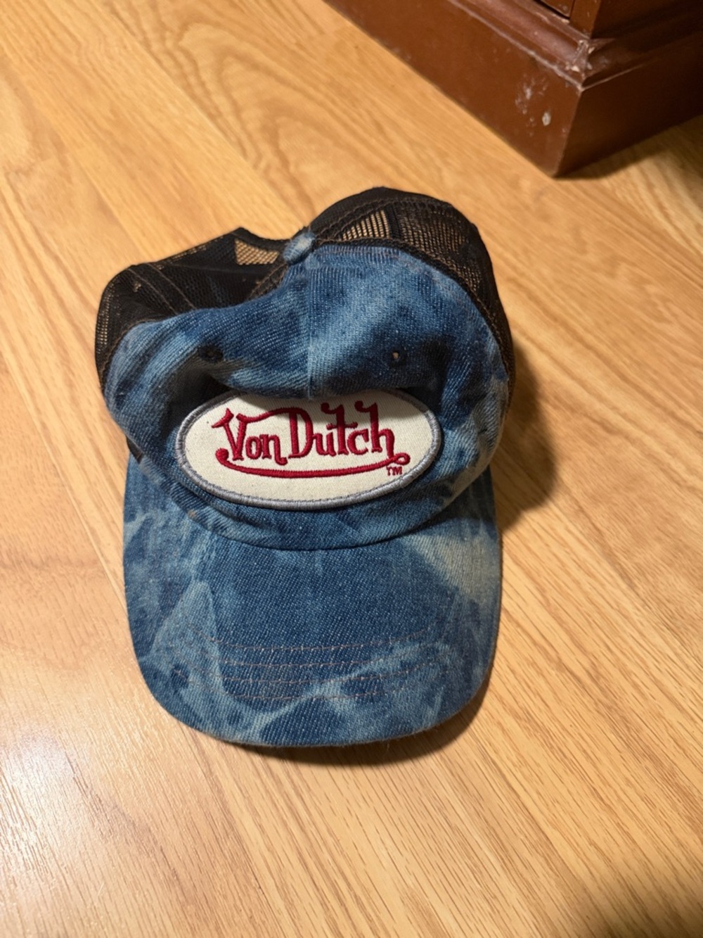 Von Dutch Denim Tie-Dye & Black Mesh Trucker Hat with Red Logo